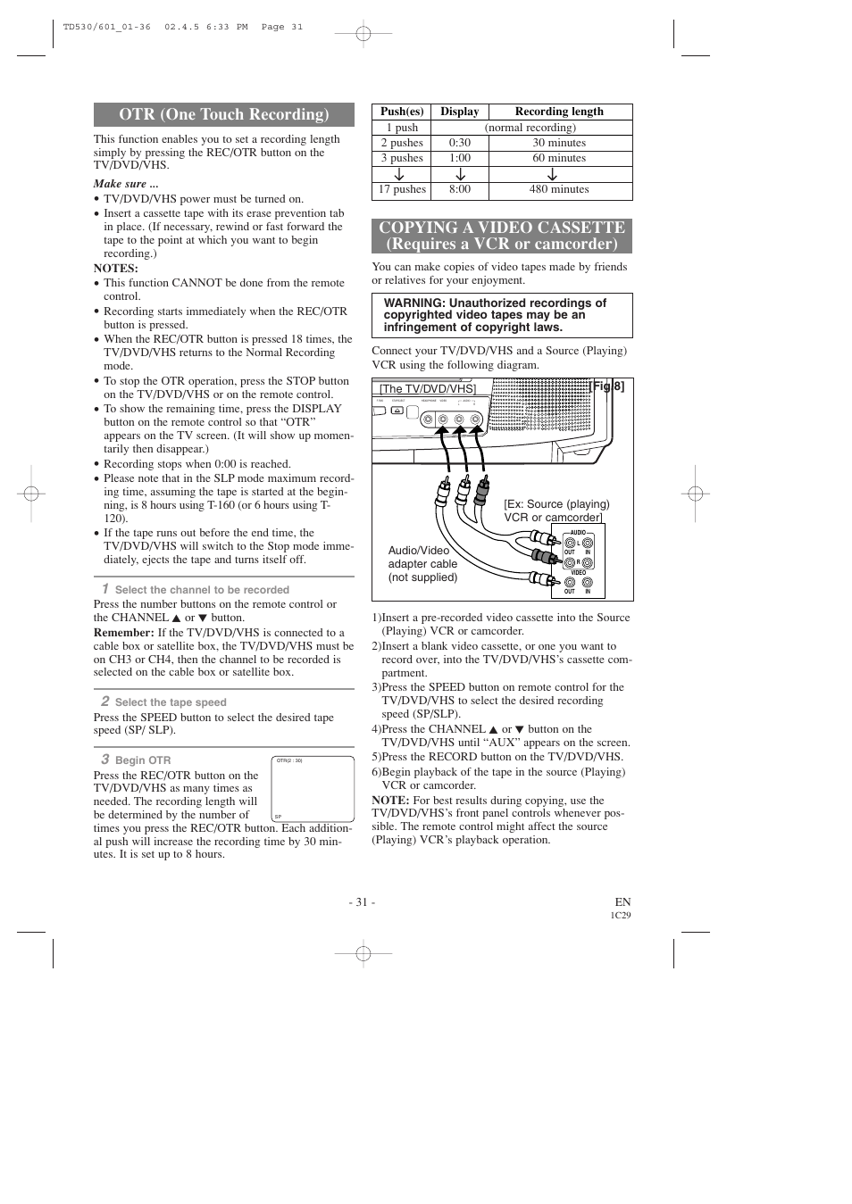 Otr (one touch recording) | Sears SRCD227 User Manual | Page 31 / 64