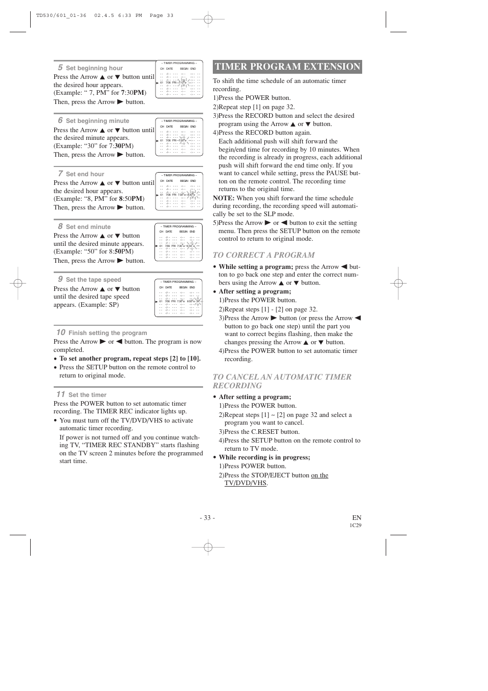 Timer program extension, 33 - en, Set beginning hour | Set beginning minute, Set end hour, Set end minute, Set the tape speed, Finish setting the program, Set the timer | Sears SRCD227 User Manual | Page 33 / 64