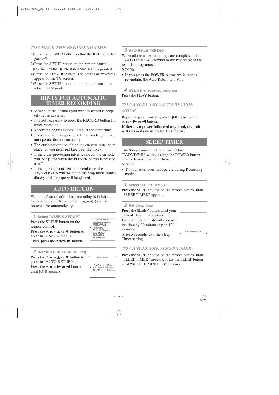 Hints for automatic timer recording, Auto return, Sleep timer | Sears SRCD227 User Manual | Page 34 / 64