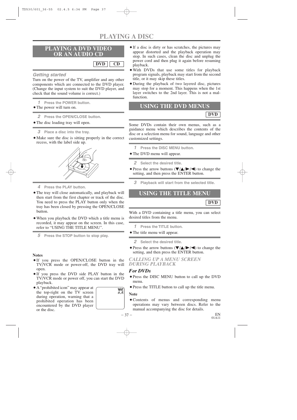 Playing a disc, Using the title menu, Playing a dvd video or an audio cd | Using the dvd menus | Sears SRCD227 User Manual | Page 37 / 64