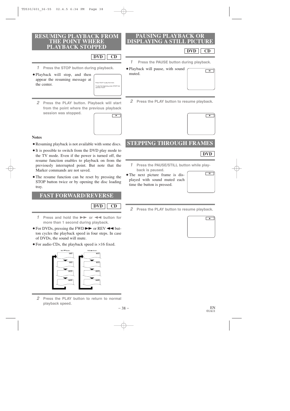 Pausing playback or displaying a still picture, Stepping through frames, Fast forward/reverse | Cd dvd | Sears SRCD227 User Manual | Page 38 / 64