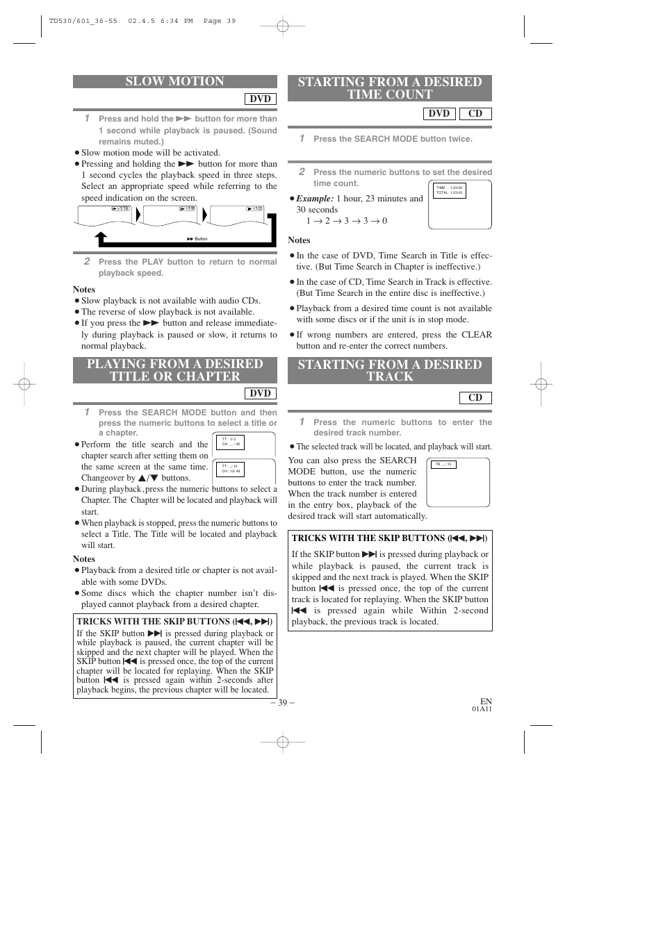 Slow motion, Starting from a desired track, Starting from a desired time count | Playing from a desired title or chapter | Sears SRCD227 User Manual | Page 39 / 64