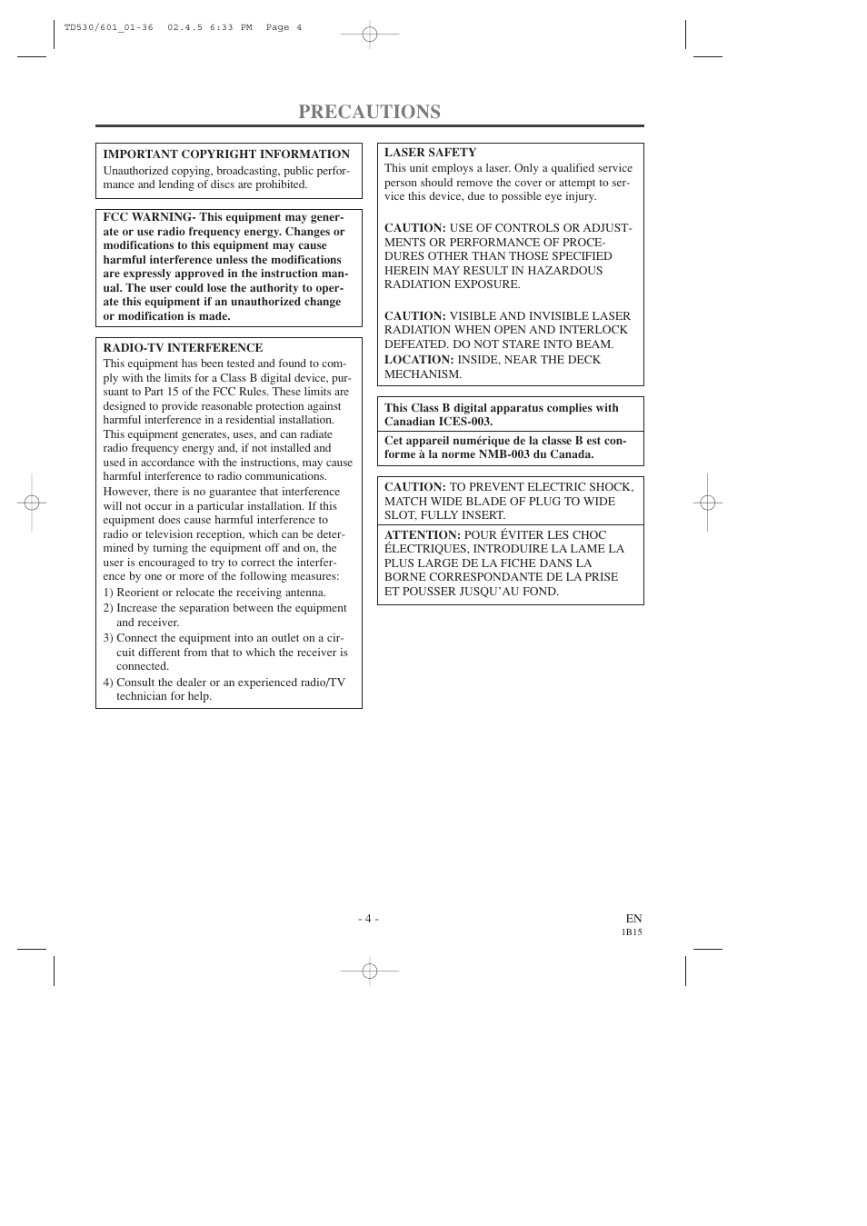 Precautions | Sears SRCD227 User Manual | Page 4 / 64