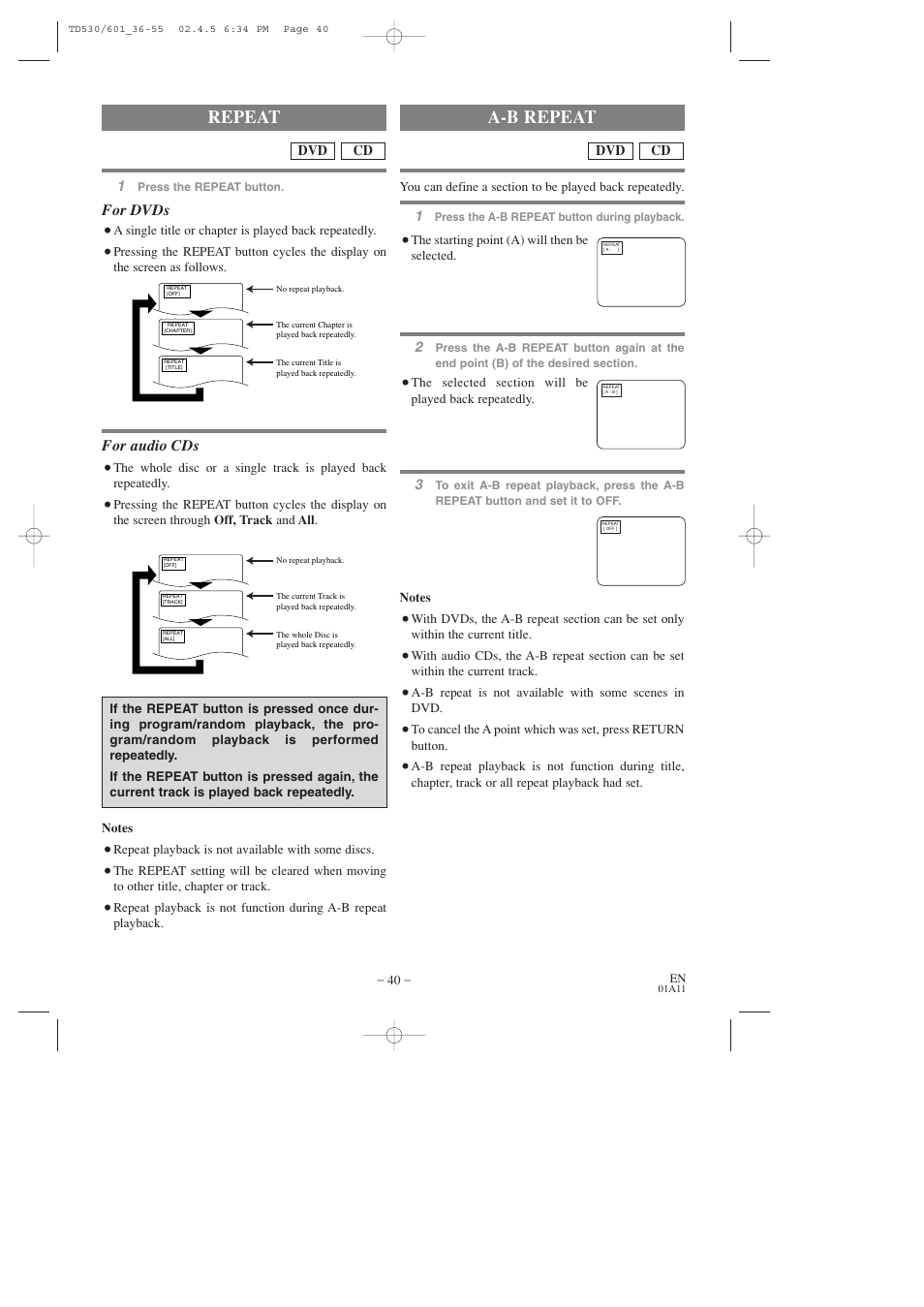 Repeat, A-b repeat, For dvds | For audio cds | Sears SRCD227 User Manual | Page 40 / 64