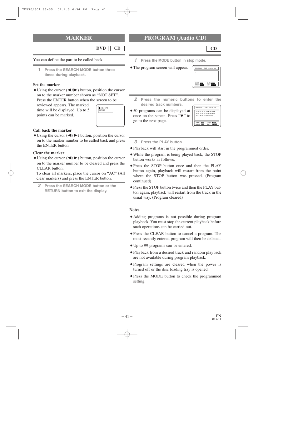 Program (audio cd), Marker, Cd dvd | Sears SRCD227 User Manual | Page 41 / 64