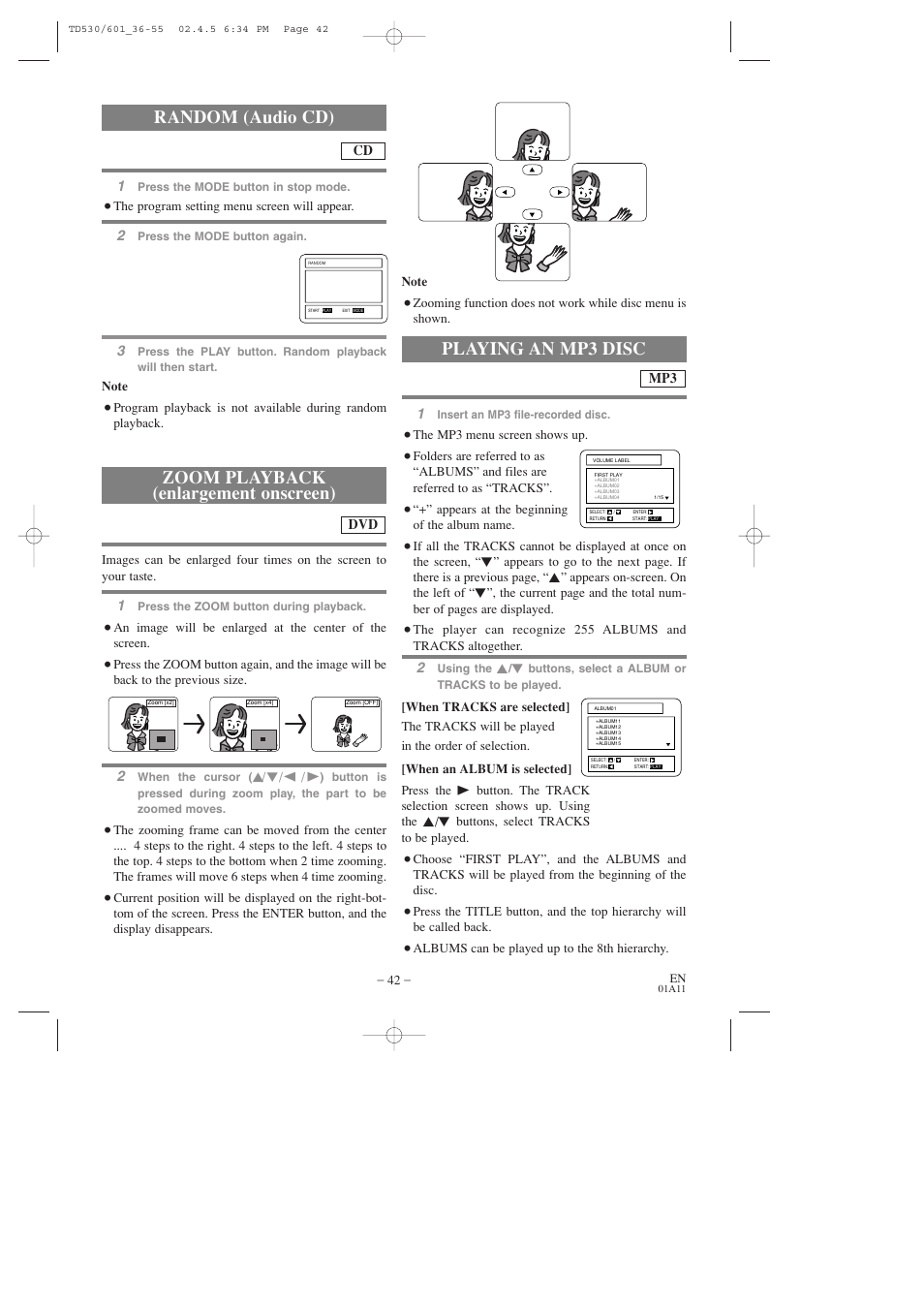 Zoom playback (enlargement onscreen), Random (audio cd), Playing an mp3 disc | Sears SRCD227 User Manual | Page 42 / 64