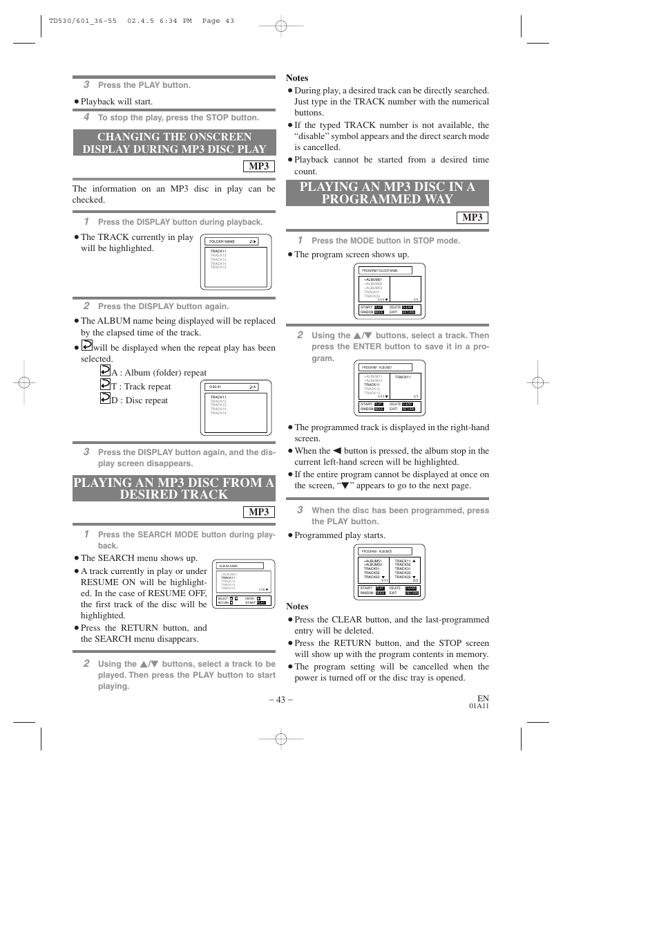 Changing the onscreen display during mp3 disc play, Mp3 1 | Sears SRCD227 User Manual | Page 43 / 64