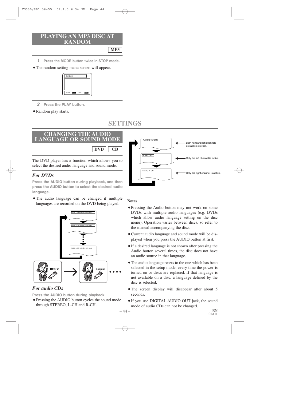 Settings, Changing the audio language or sound mode, Playing an mp3 disc at random | For dvds, For audio cds | Sears SRCD227 User Manual | Page 44 / 64