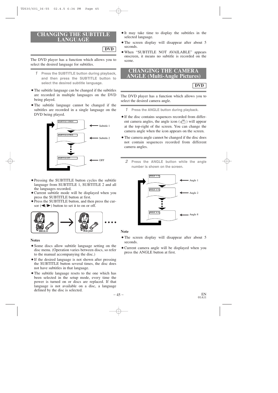 Changing the subtitle language, Changing the camera angle (multi-angle pictures) | Sears SRCD227 User Manual | Page 45 / 64