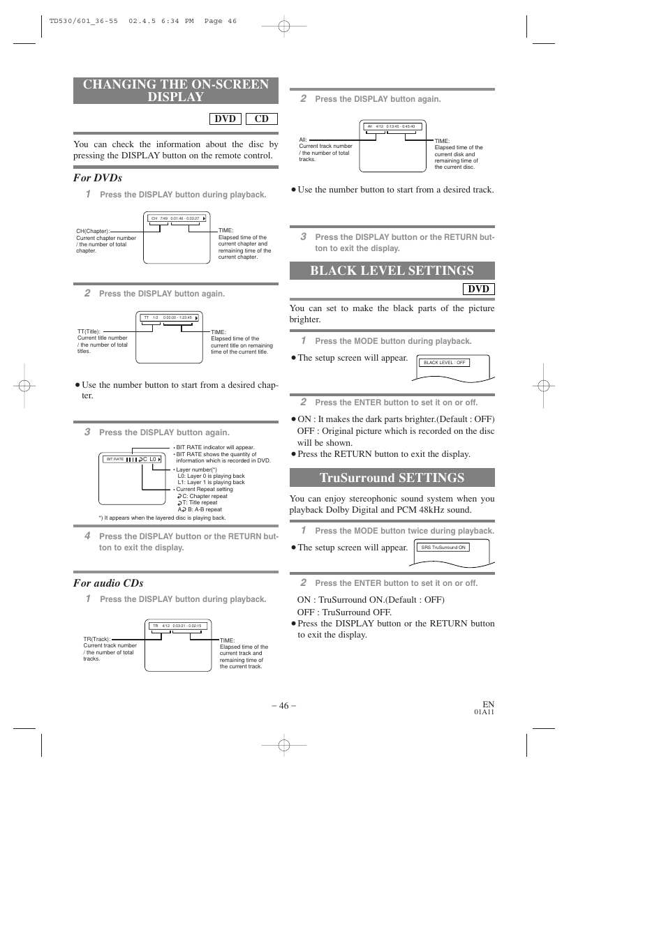 Changing the on-screen display, Black level settings, Trusurround settings | For dvds, For audio cds | Sears SRCD227 User Manual | Page 46 / 64