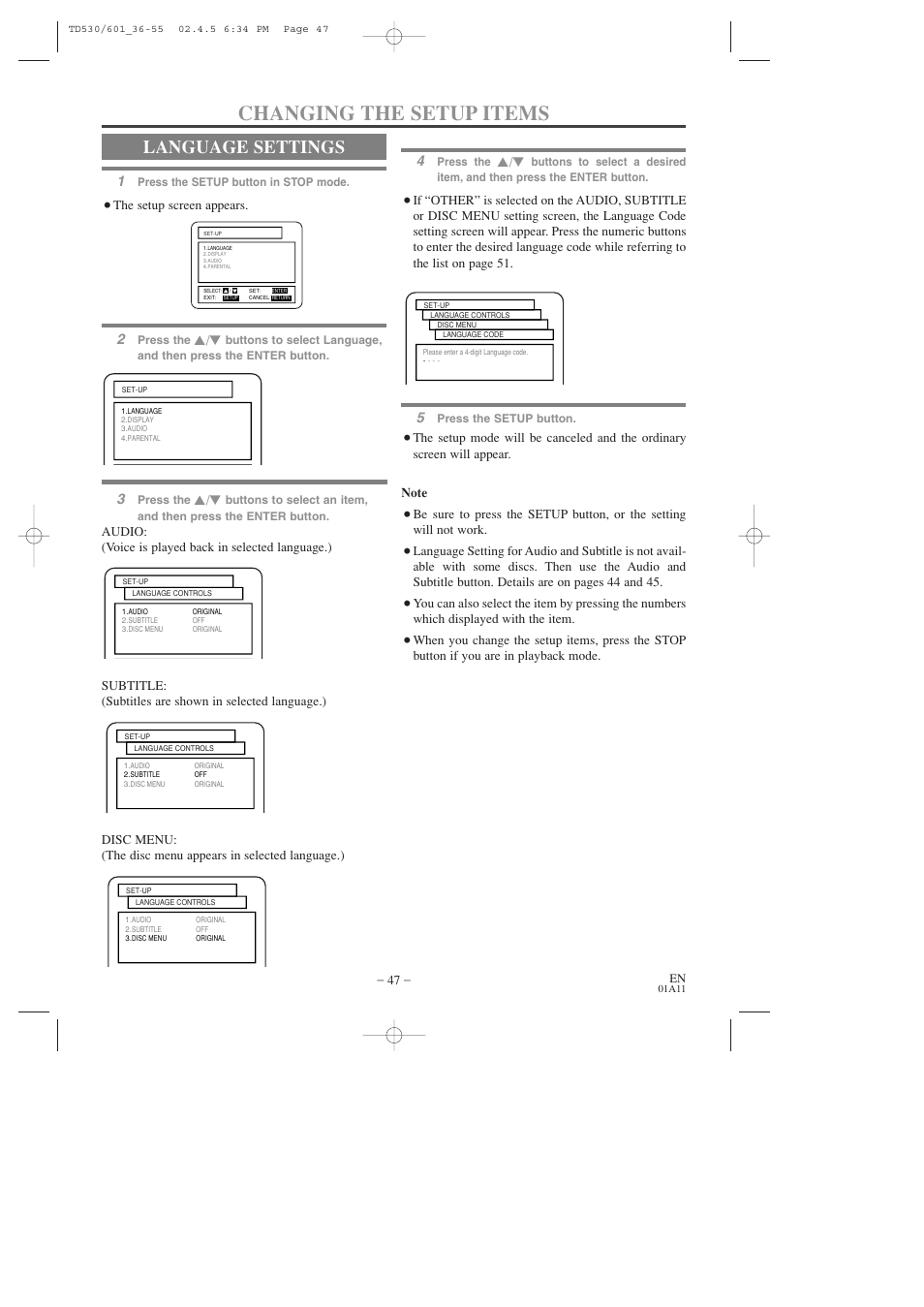 Changing the setup items, Language settings | Sears SRCD227 User Manual | Page 47 / 64