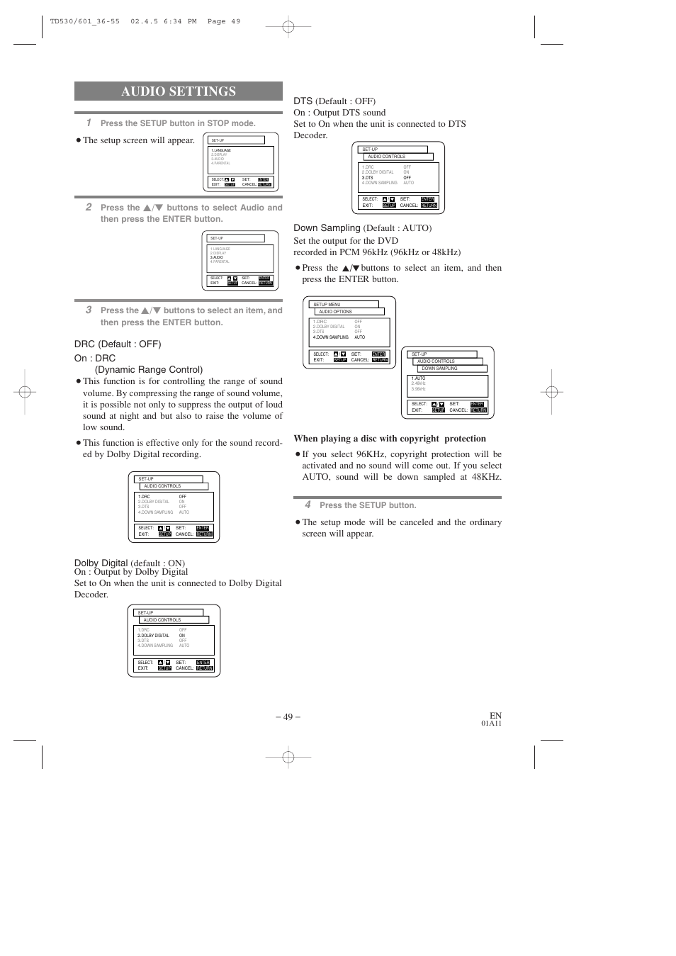Audio settings, The setup screen will appear, Press the setup button in stop mode | Press the, Press the setup button | Sears SRCD227 User Manual | Page 49 / 64