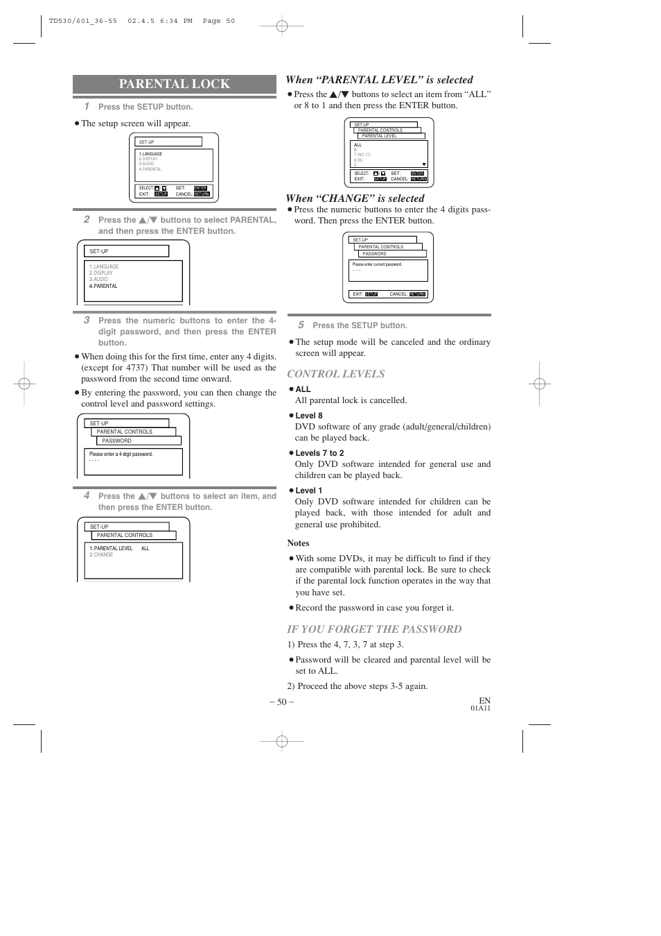 Parental lock, Control levels, If you forget the password | When “parental level” is selected, When “change” is selected | Sears SRCD227 User Manual | Page 50 / 64