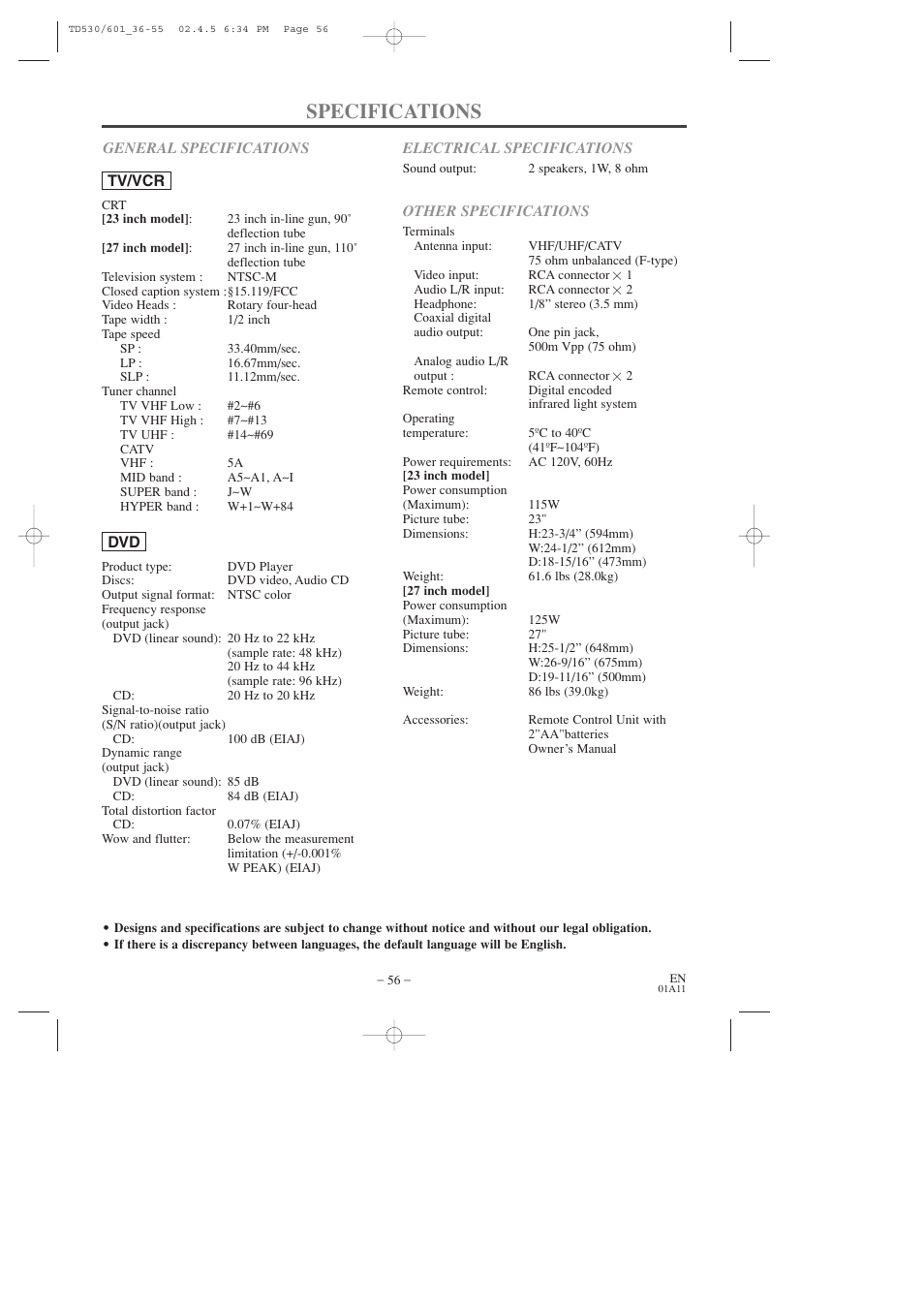 Specifications | Sears SRCD227 User Manual | Page 56 / 64