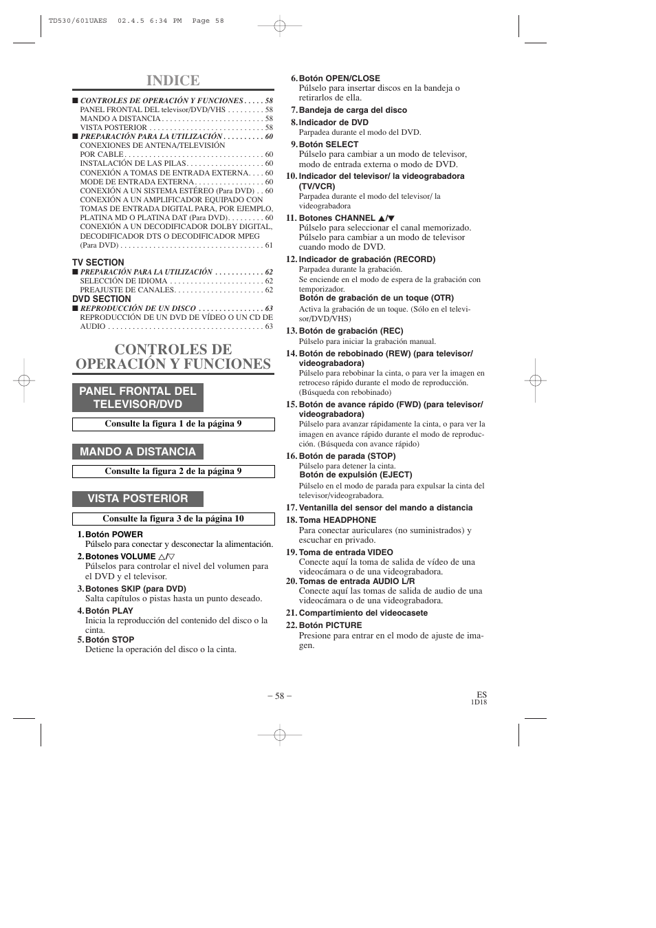 Indice, Controles de operación y funciones | Sears SRCD227 User Manual | Page 58 / 64