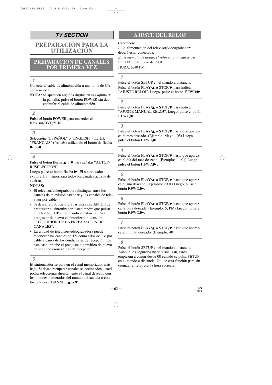 Preparación para la utilización, Ajuste del reloj | Sears SRCD227 User Manual | Page 62 / 64