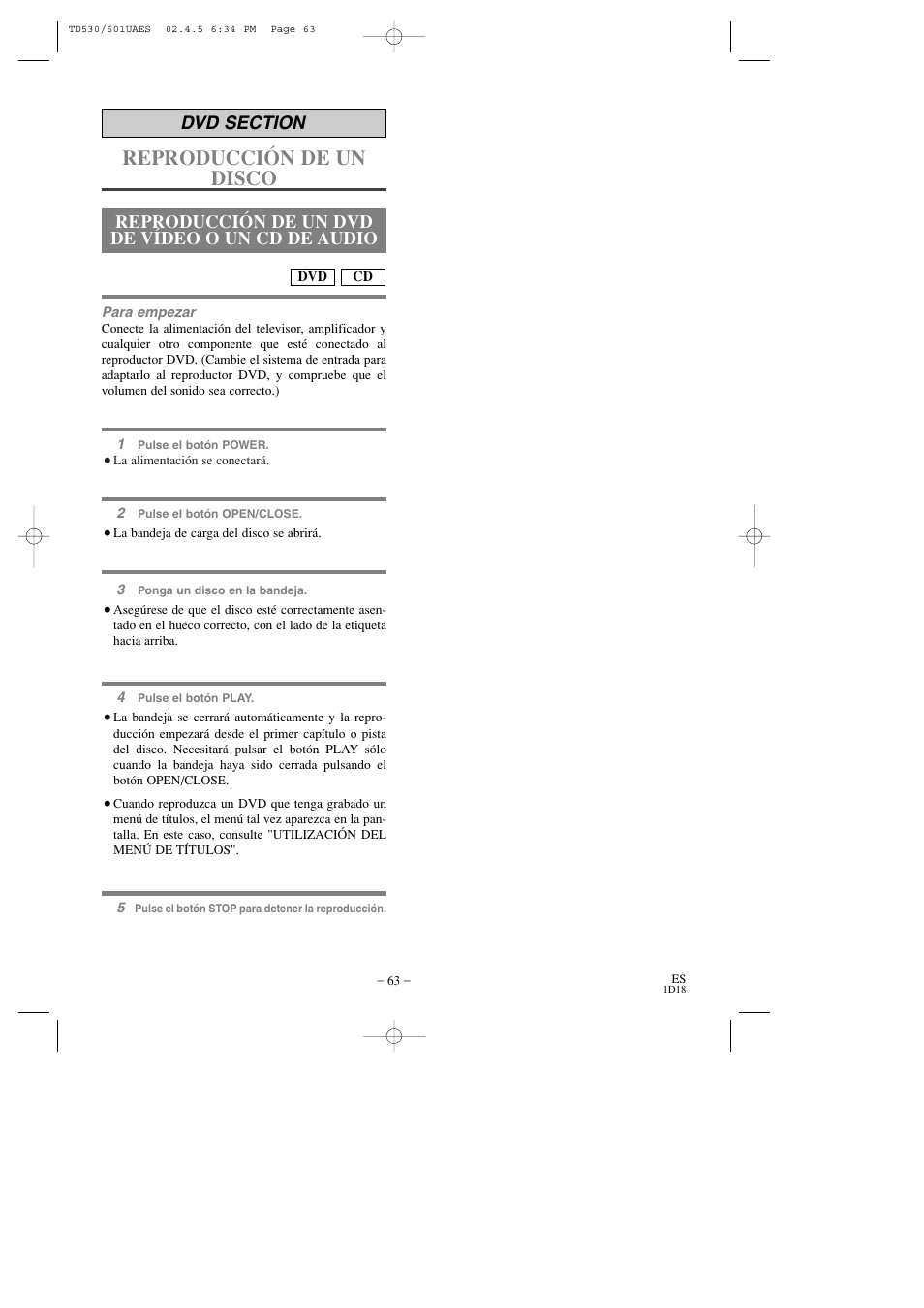 Reproducción de un disco, Reproducción de un dvd de vídeo o un cd de audio | Sears SRCD227 User Manual | Page 63 / 64