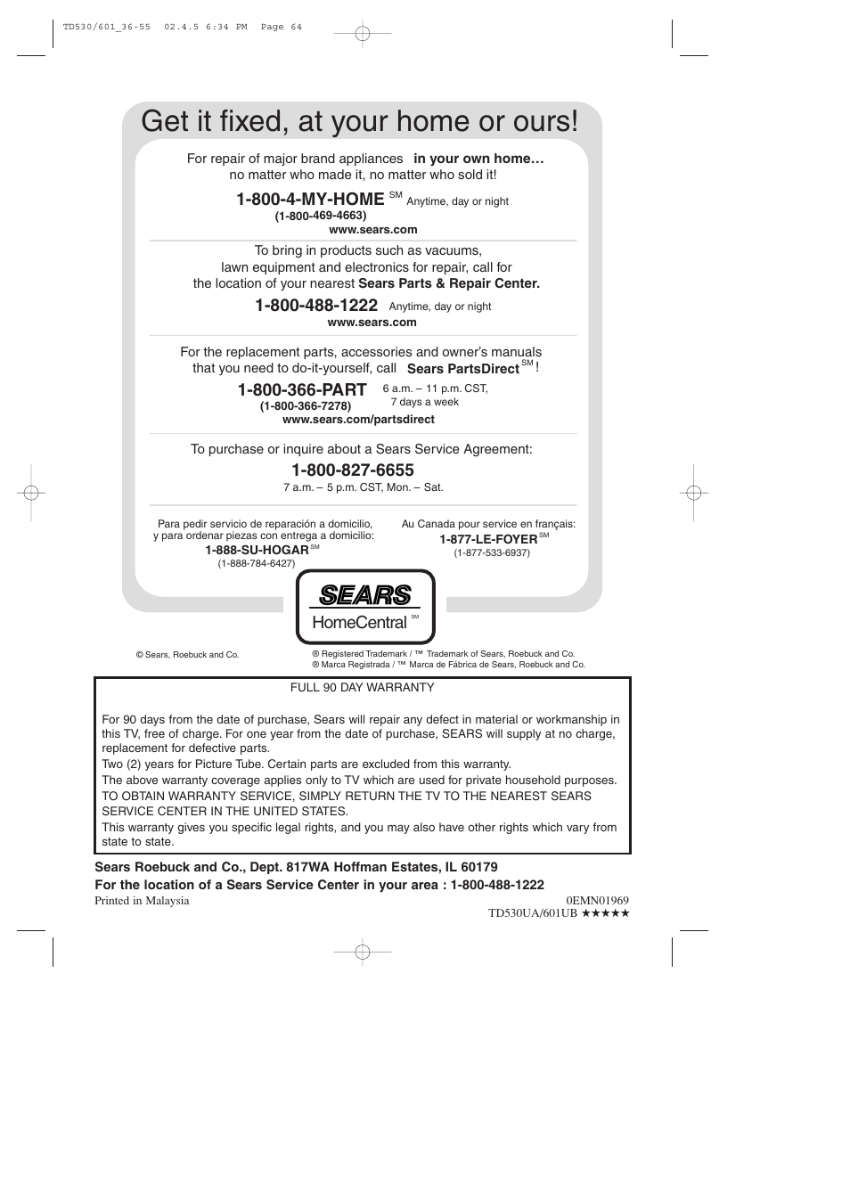 Get it fixed, at your home or ours, 800-4-my-home, Homecentral | Sears SRCD227 User Manual | Page 64 / 64