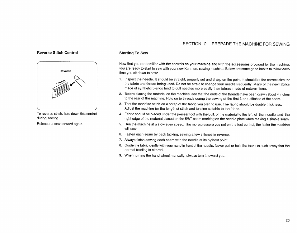 Reverse stitch control, Starting to sew, Reverse stitch control starting to sew | Sears 385. 17526 User Manual | Page 27 / 76