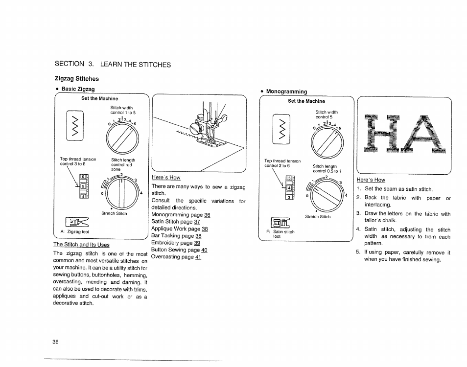 Zigzag stitches » basic zigzag, E monogramming, 8 monogramming | Sears 385. 17526 User Manual | Page 38 / 76