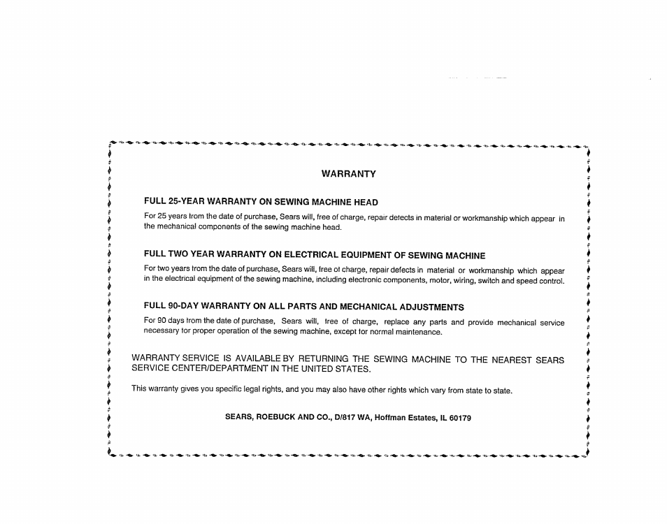 Warranty, Full 25-year warranty on sewtng machine head | Sears 385. 17526 User Manual | Page 71 / 76