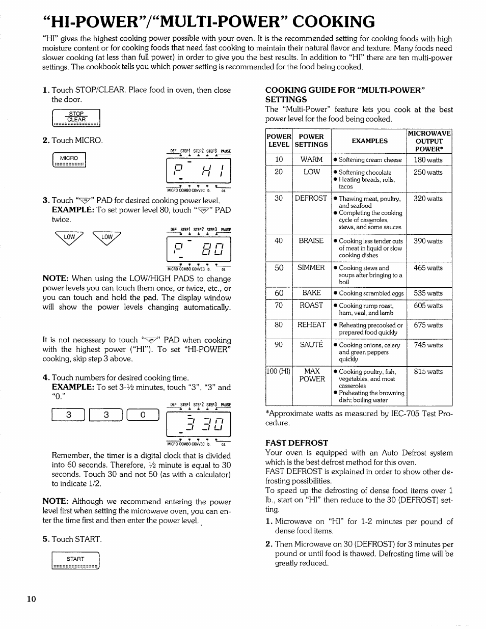 H1-power7 “multi-power” cooking, Cooking guide for “multi-power” settings, Fast defrost | Hi-power”/“multi-power” cooking | Sears Microwave Oven User Manual | Page 10 / 24