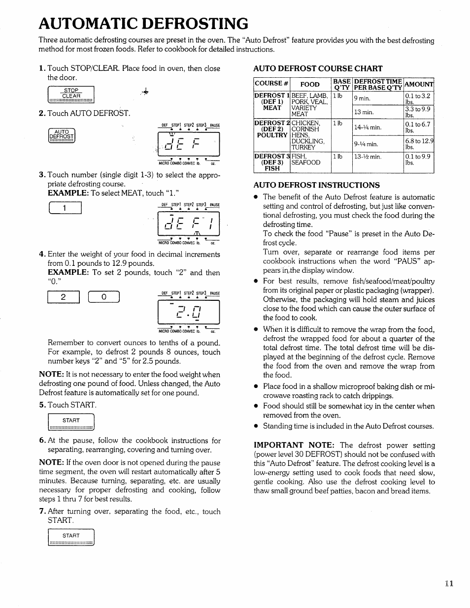 Automatic defrosting, Auto defrost instructions | Sears Microwave Oven User Manual | Page 11 / 24