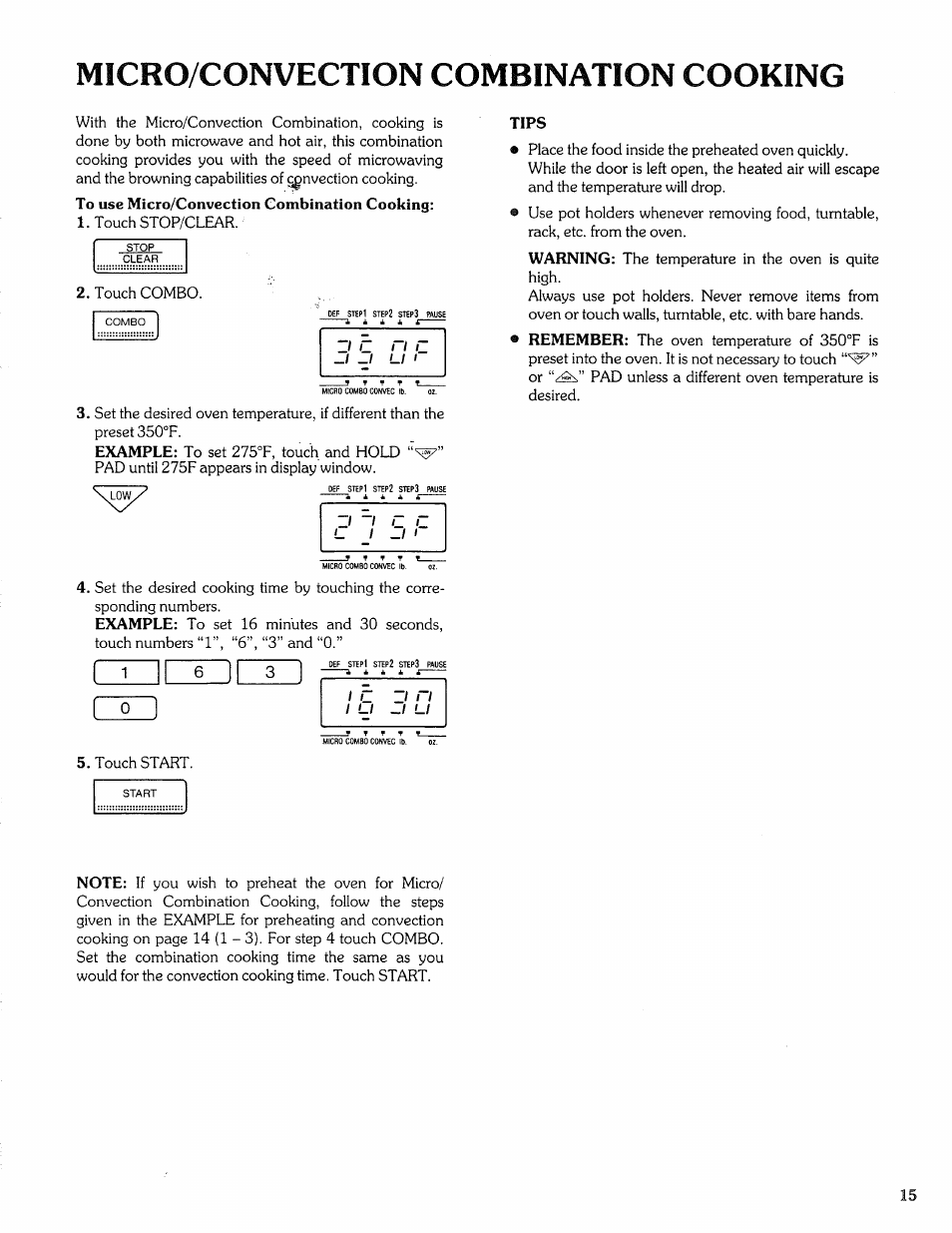 Micro/convection combination cooking, Tips, O ~l c r | Sears Microwave Oven User Manual | Page 15 / 24