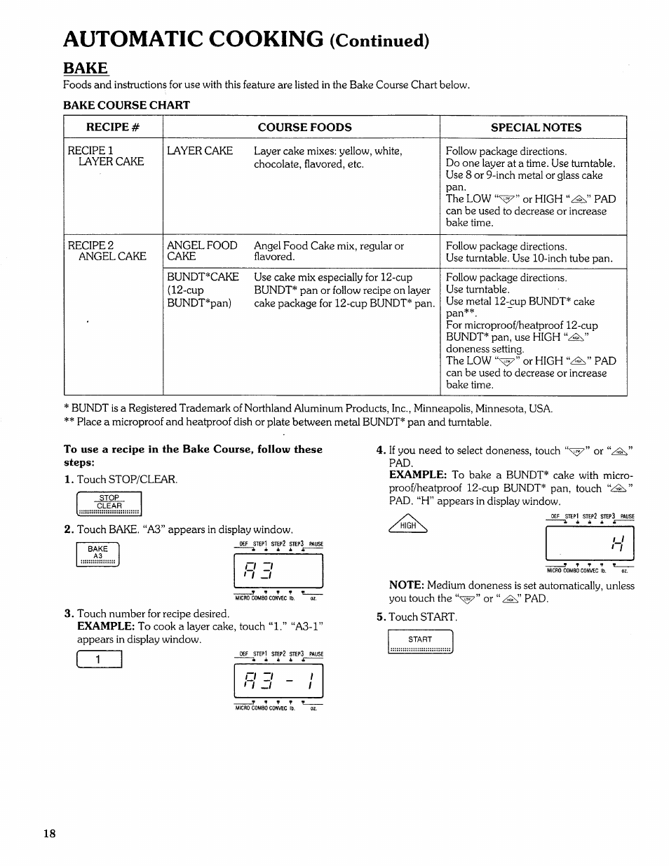 Automatic cooking (continued), Bake, Automatic cooking | Continued) | Sears Microwave Oven User Manual | Page 18 / 24