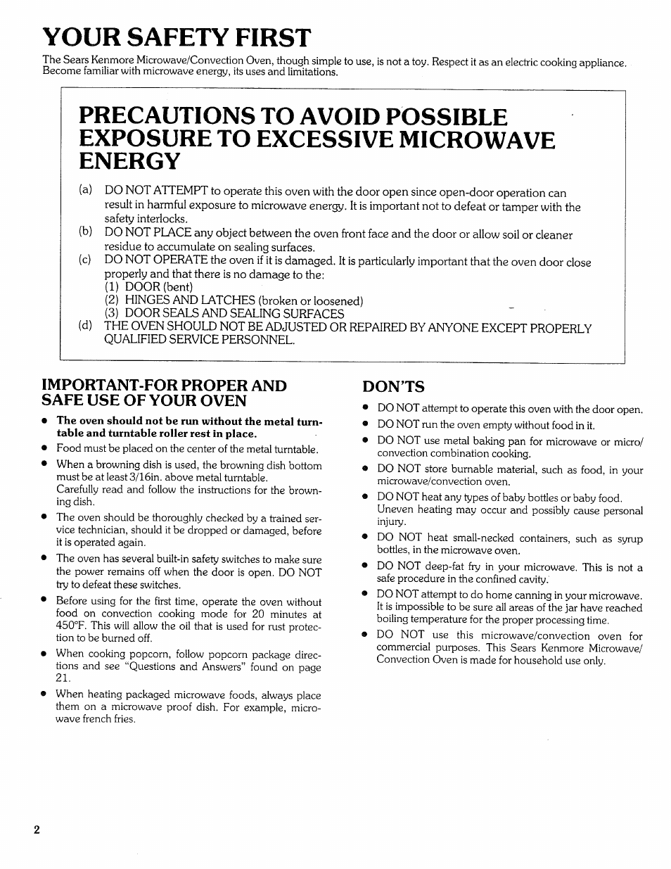 Important-for proper and safe use of your oven, Don’ts, Your safety first | Sears Microwave Oven User Manual | Page 2 / 24