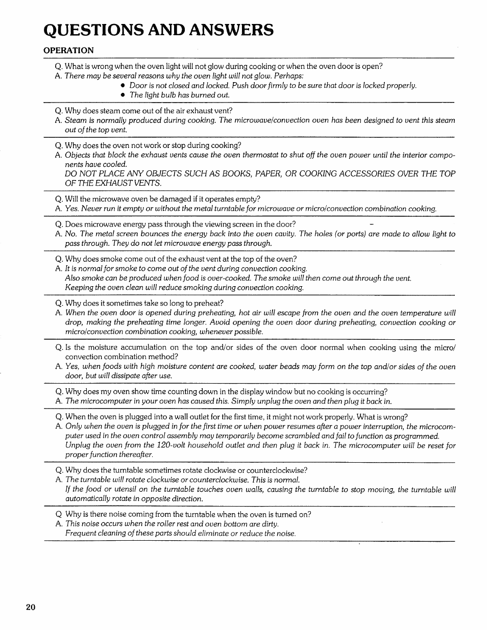 Questions and answers, Operation, Questions and answers -21 | Sears Microwave Oven User Manual | Page 20 / 24