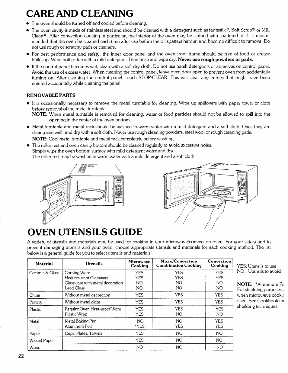 Care and cleaning, Removable parts, Oven utensils guide | Qven utensils guide | Sears Microwave Oven User Manual | Page 22 / 24