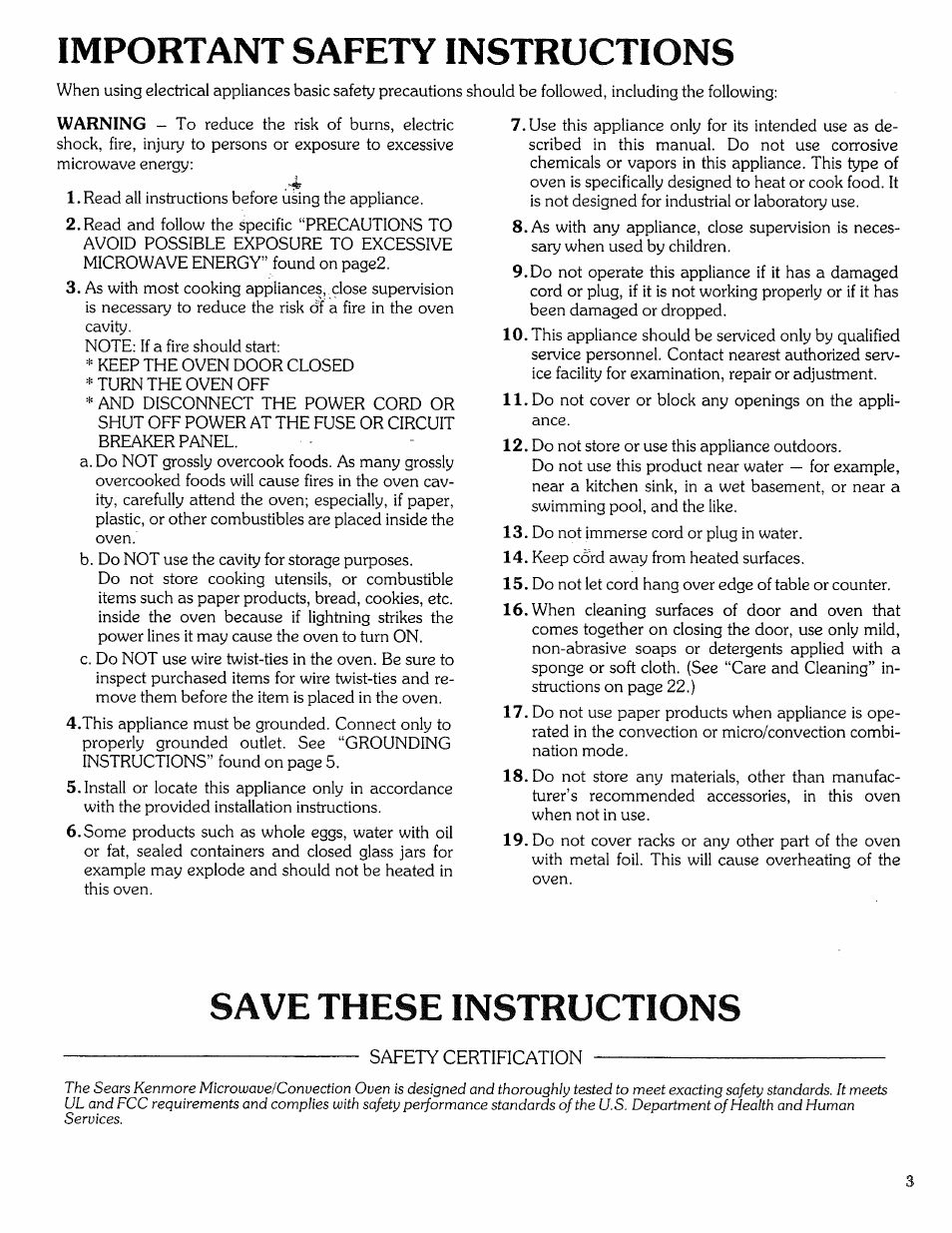 Important safety instructions, Save these instructions | Sears Microwave Oven User Manual | Page 3 / 24