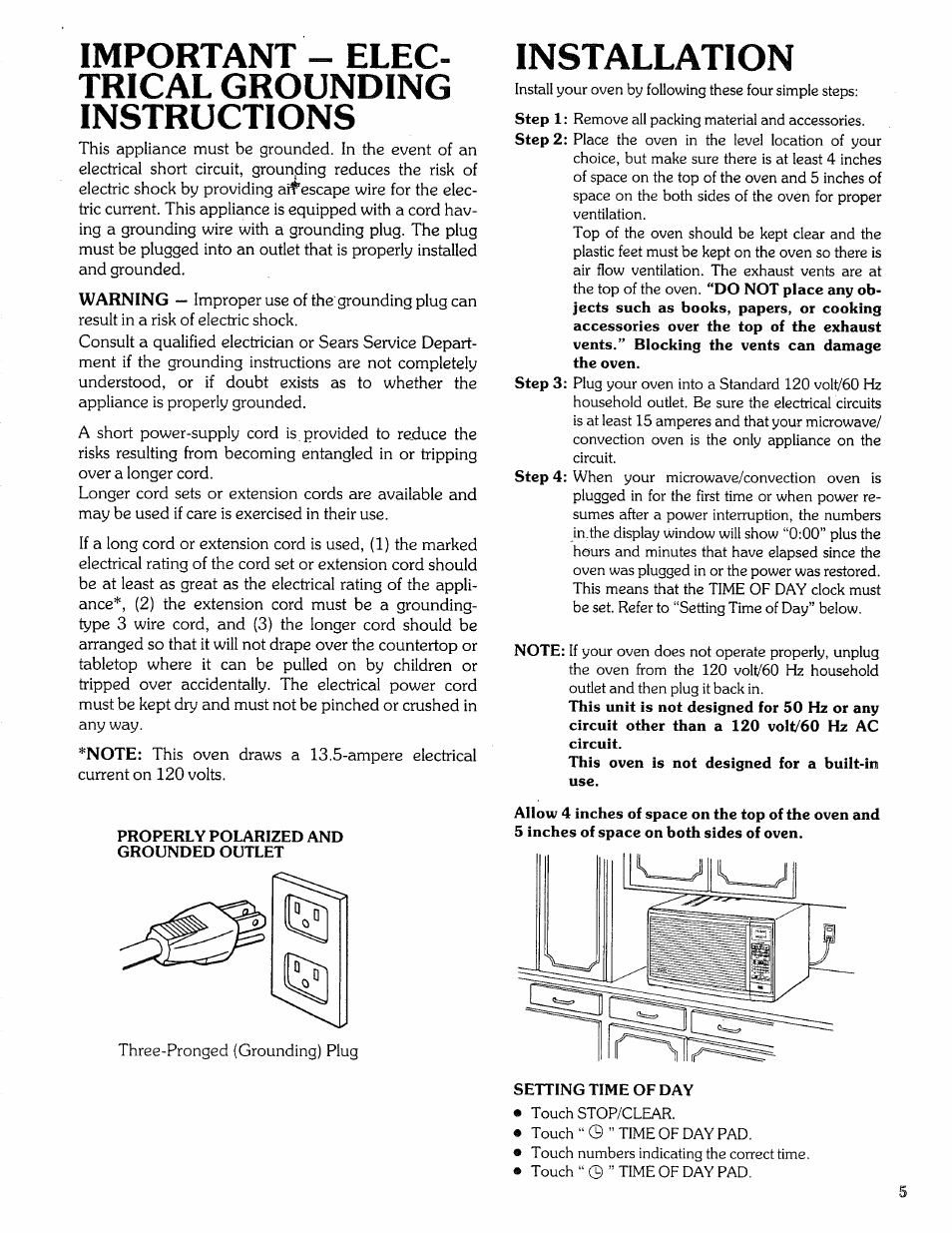 Important - elec­ trical grounding instructions, Installation | Sears Microwave Oven User Manual | Page 5 / 24
