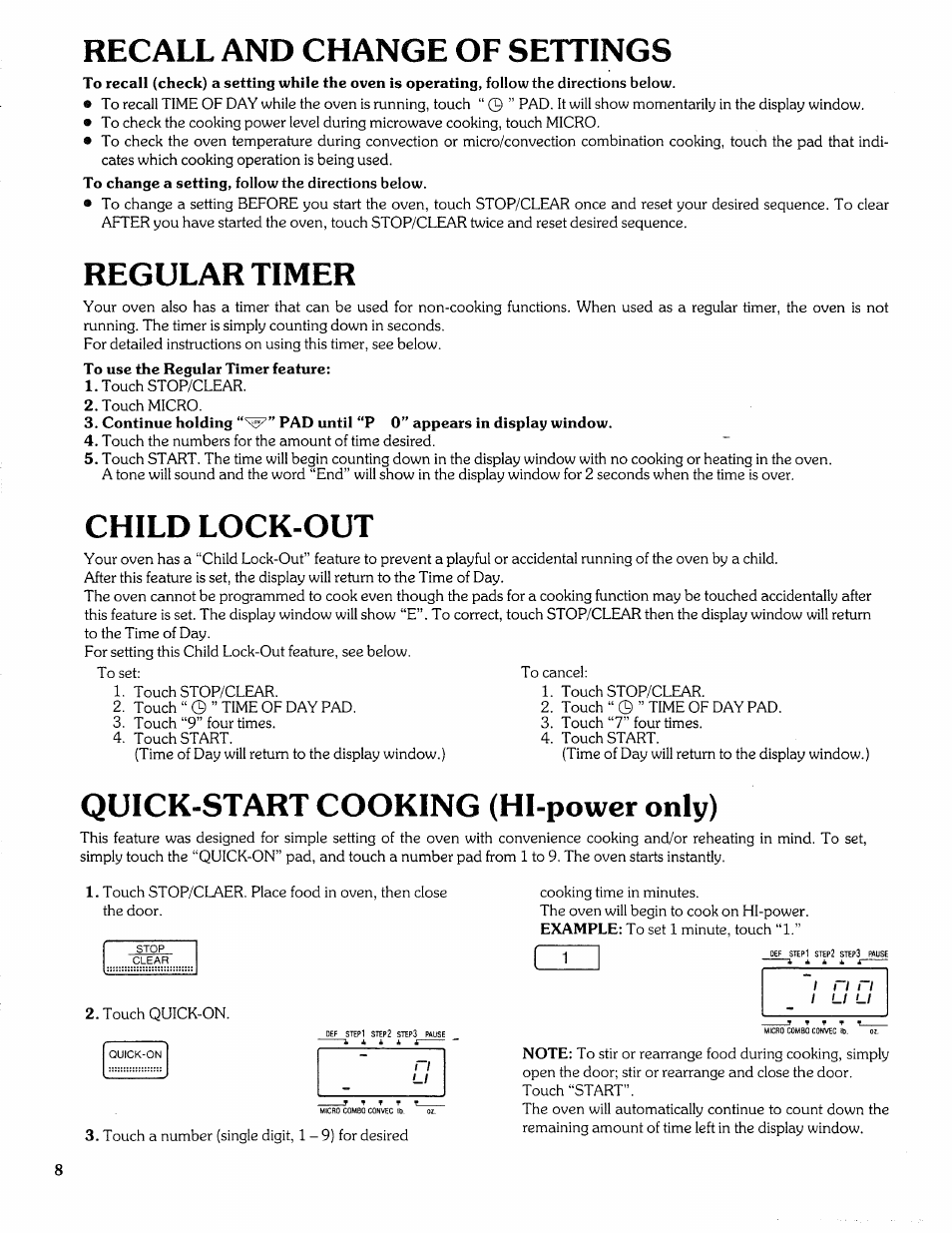 Recall and change of settings, Regular timer, Child lock-out | Quick-start cooking (hl-power only) | Sears Microwave Oven User Manual | Page 8 / 24