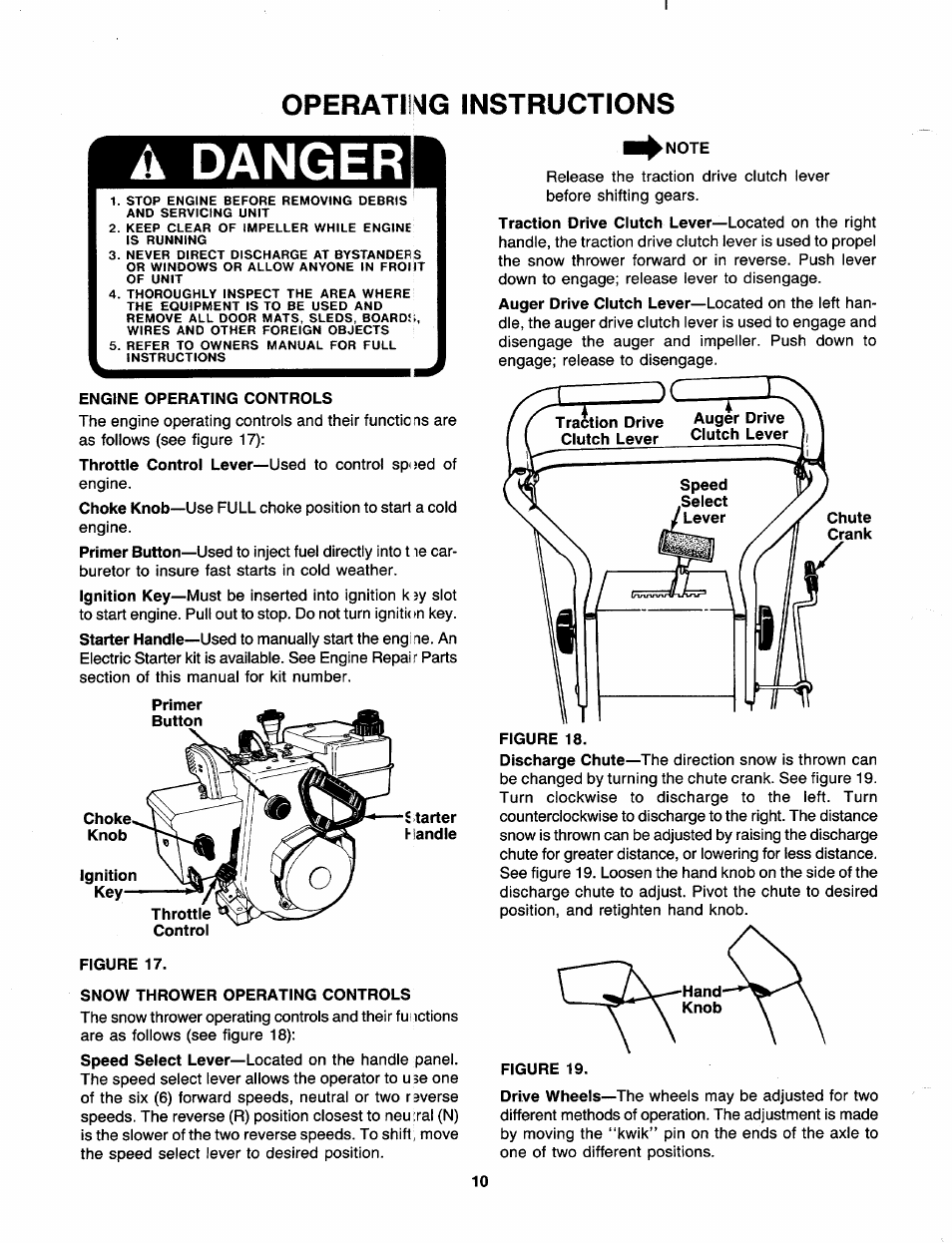 Operatiisig instructions, A danger, Engine operating controls | Figure 17, Snow thrower operating controls, Note, Figure 19 | Sears 247 886510 User Manual | Page 10 / 36