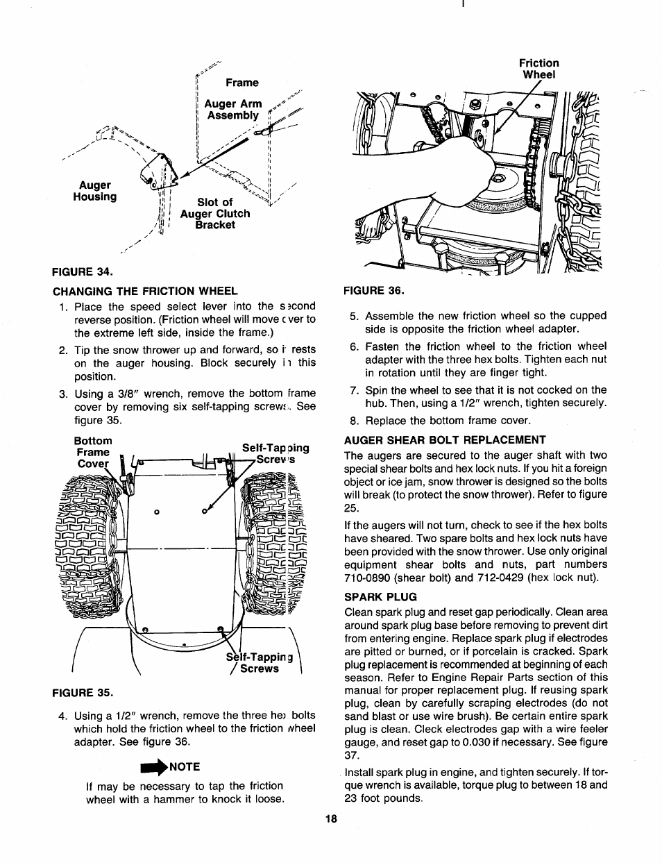 Changing the friction wheel, Note, Auger shear bolt replacement | Spark plug | Sears 247 886510 User Manual | Page 18 / 36