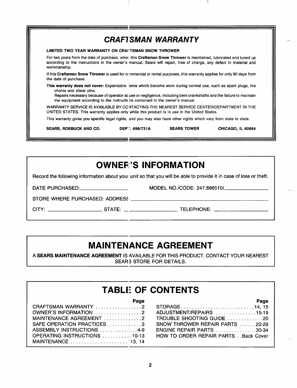 Ownef ’s information, Maintenance agreement, Craftsman warranty | Sears 247 886510 User Manual | Page 2 / 36