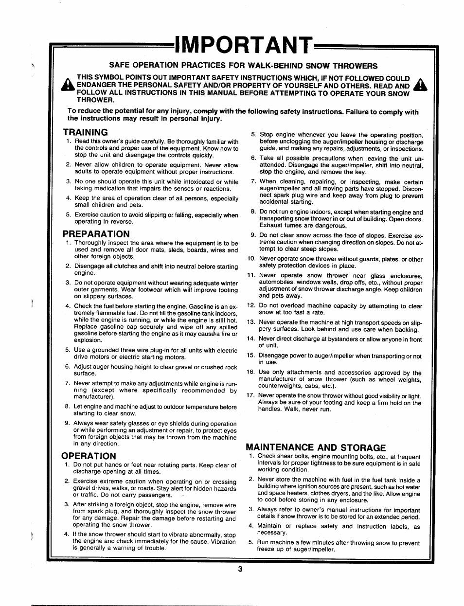 Important, Training, Preparation | Operation, Maintenance and storage | Sears 247 886510 User Manual | Page 3 / 36