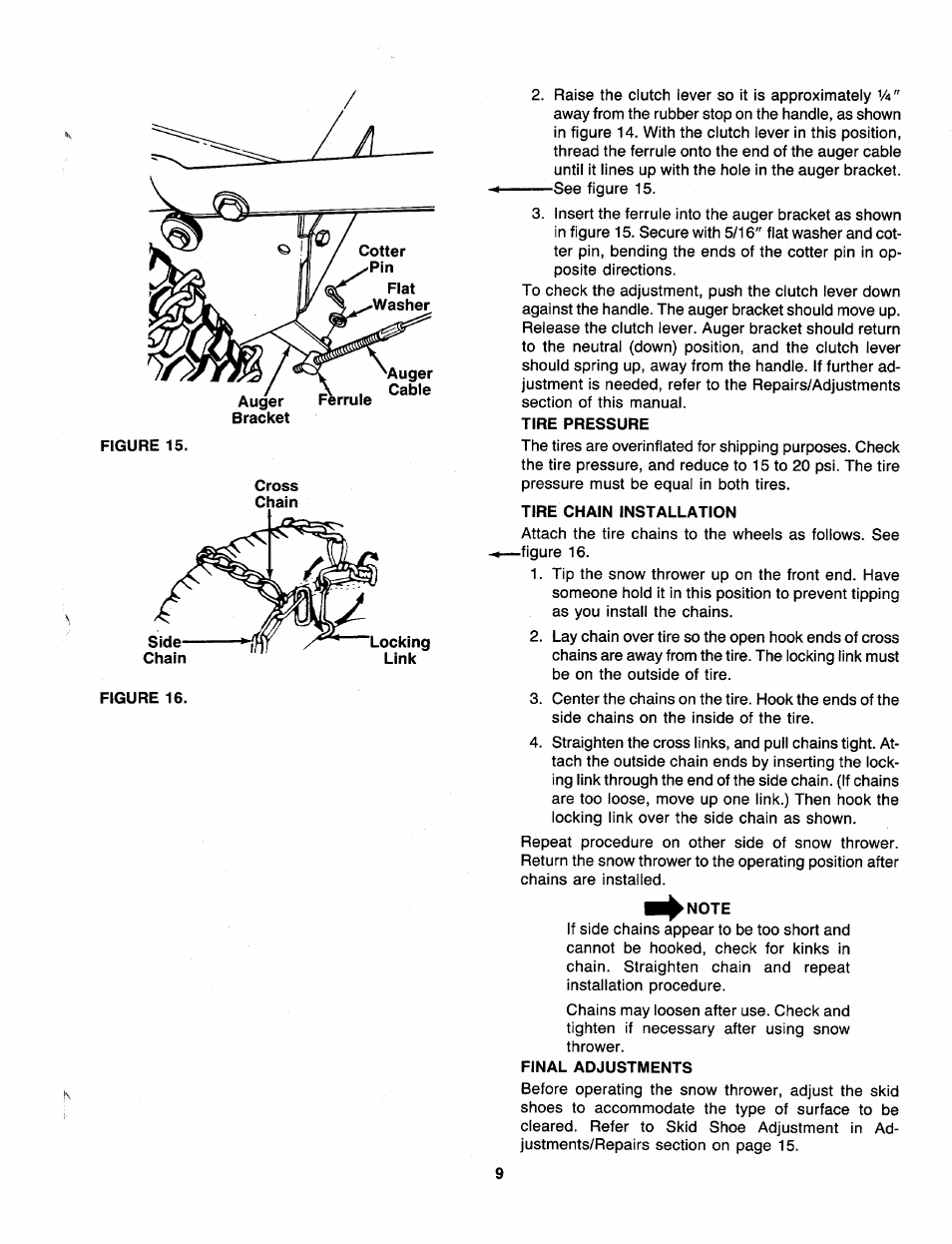 Tire pressure, Tire chain installation, Note | Final adjustments | Sears 247 886510 User Manual | Page 9 / 36