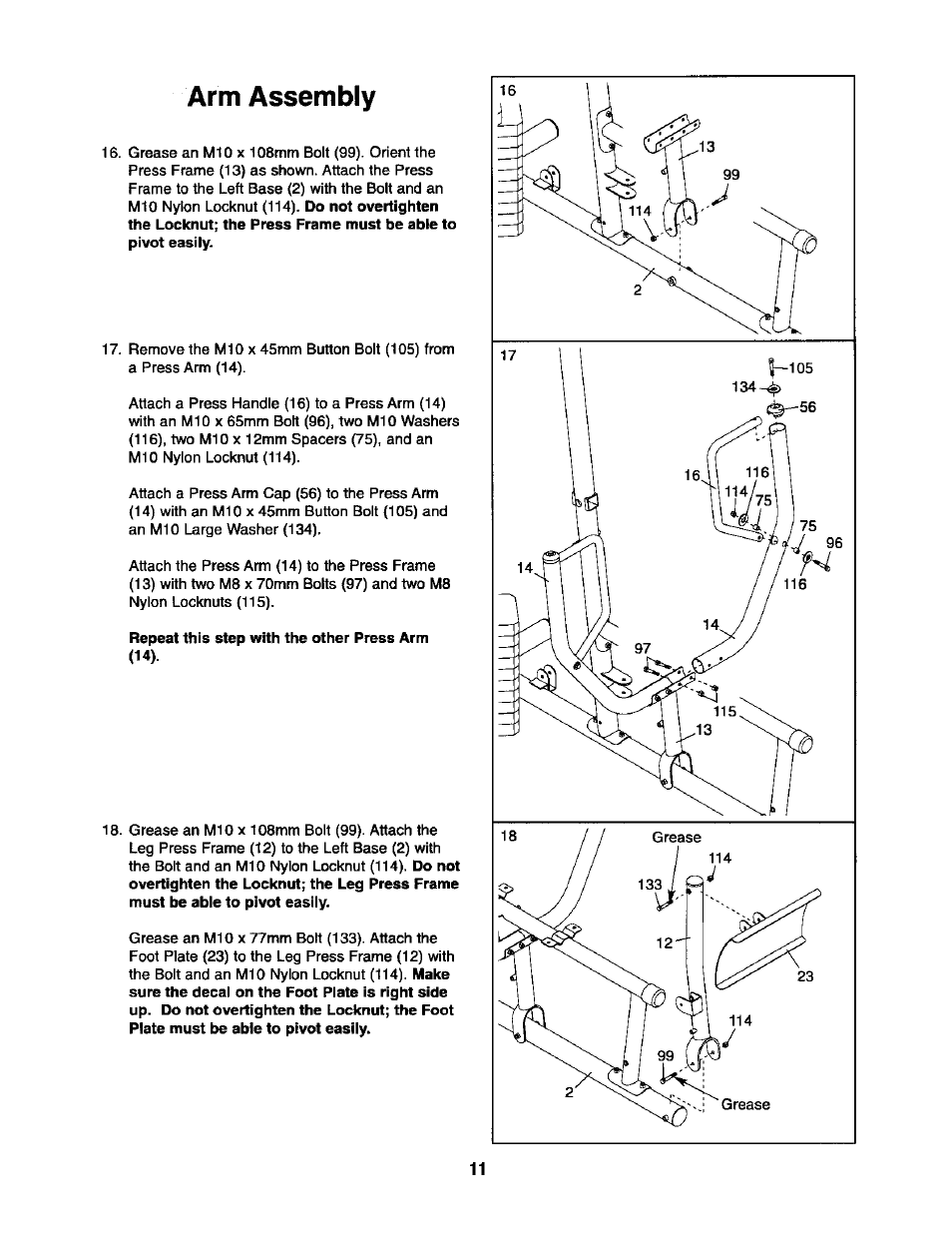 Arm assembly, Repeat this step with the other press arm | Sears 831.15403 User Manual | Page 11 / 40
