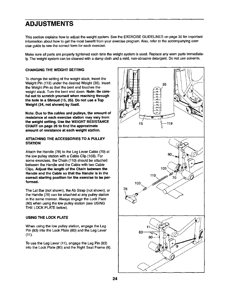 Adjustments, Changing the weight setting, Attaching the accessories to a pulley station | Using the lock plate | Sears 831.15403 User Manual | Page 24 / 40