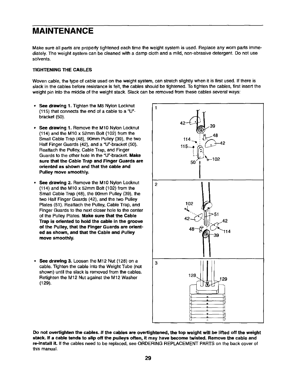 Maintenance, Tightening the cables | Sears 831.15403 User Manual | Page 29 / 40