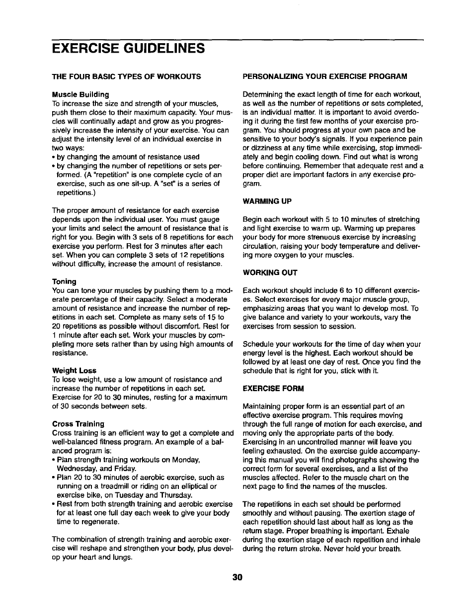 Exercise guidelines, The four basic types of workouts, Personalizing your exercise program | Muscle building, Toning, Weight loss, Cross training, Warming up, Working out, Exercise form | Sears 831.15403 User Manual | Page 30 / 40