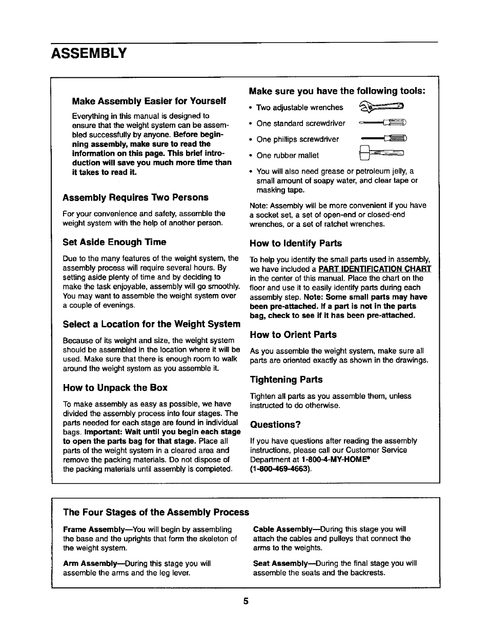 Assembly, Make assembly easier for yourself, Assembly requires two persons | Set aside enough time, Select a location for the weight system, How to unpack the box, Make sure you have the following tools, How to identify parts, How to orient parts, Tightening parts | Sears 831.15403 User Manual | Page 5 / 40
