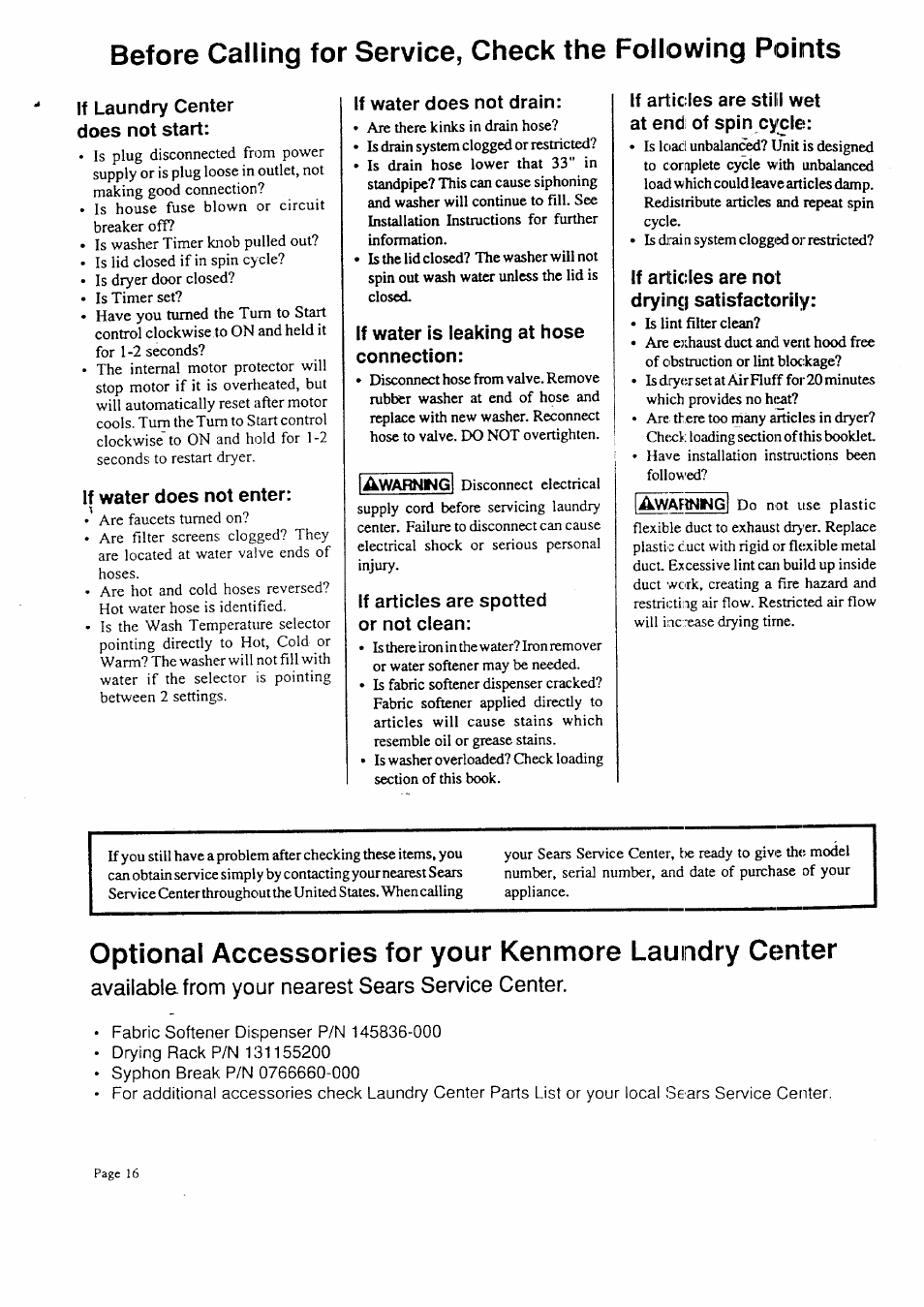 Available from your nearest sears service center | Sears KENMORE LAUNDRY CENTER 95701 User Manual | Page 16 / 16