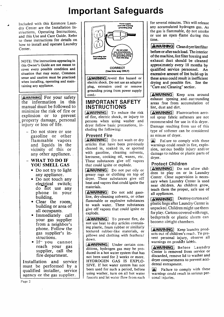 Important safeguards, Important safety instructions, Prevent fire | Protect children, What to do if you smell gas | Sears KENMORE LAUNDRY CENTER 95701 User Manual | Page 2 / 16