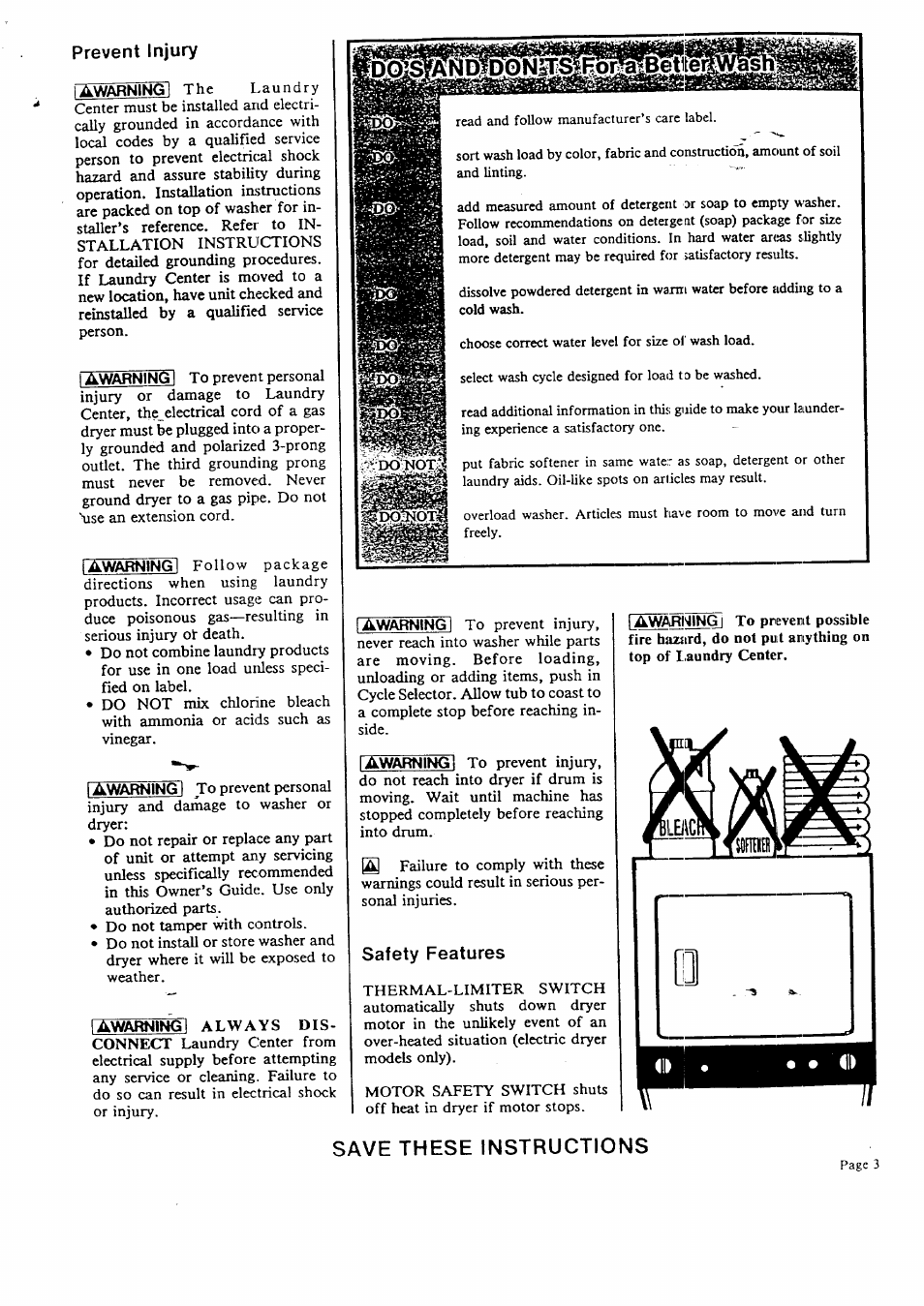 Prevent injury, Safety features, Save these instructions | Sears KENMORE LAUNDRY CENTER 95701 User Manual | Page 3 / 16