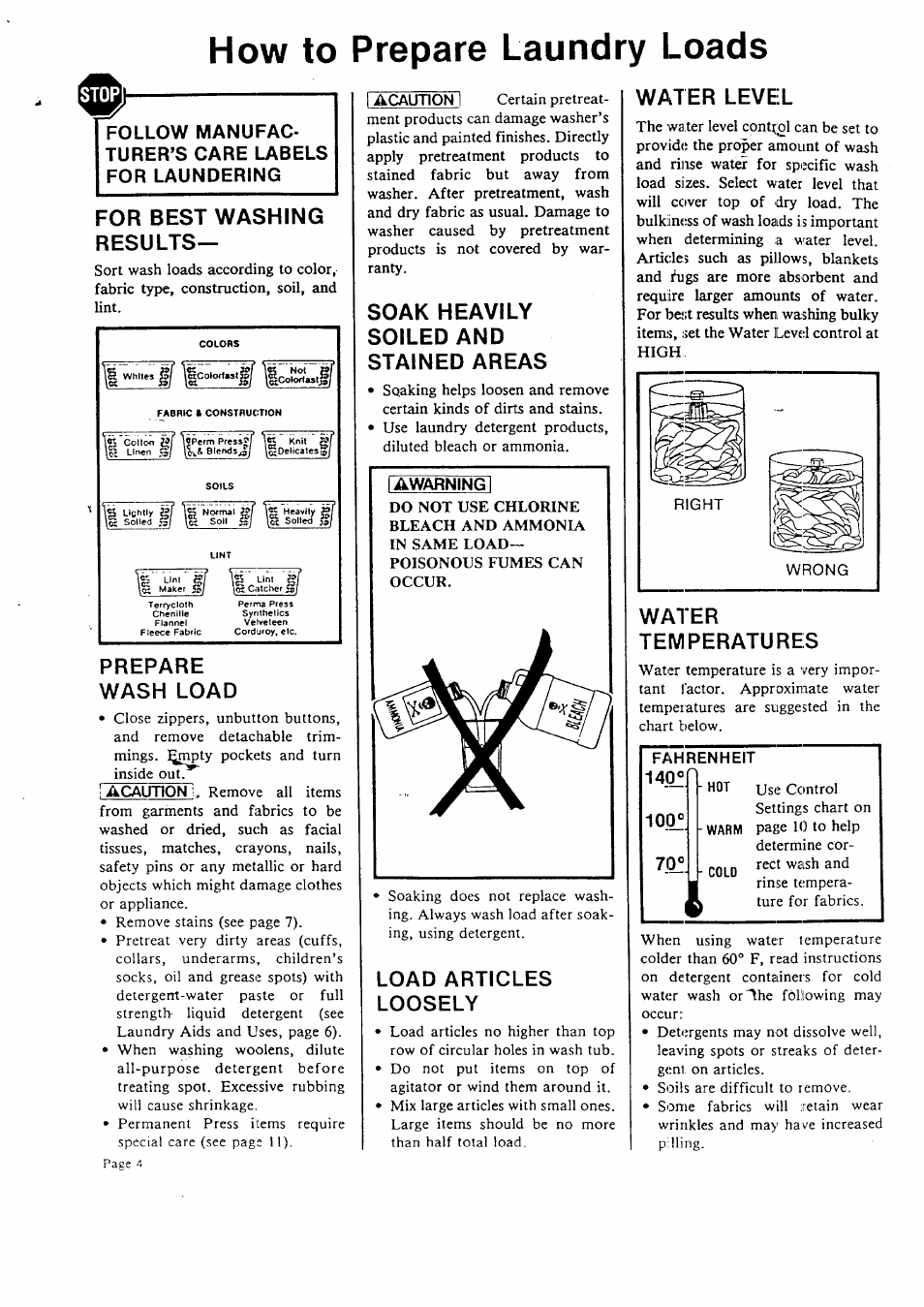 Follow manufacturer’s care labels for laundering, Fawarningi, How to prepare laundry loads | Water level, For best washing results, Jf laf, Prepare wash load, Soak heavily soiled and stained areas, Load articles loosely, Water temperatures | Sears KENMORE LAUNDRY CENTER 95701 User Manual | Page 4 / 16