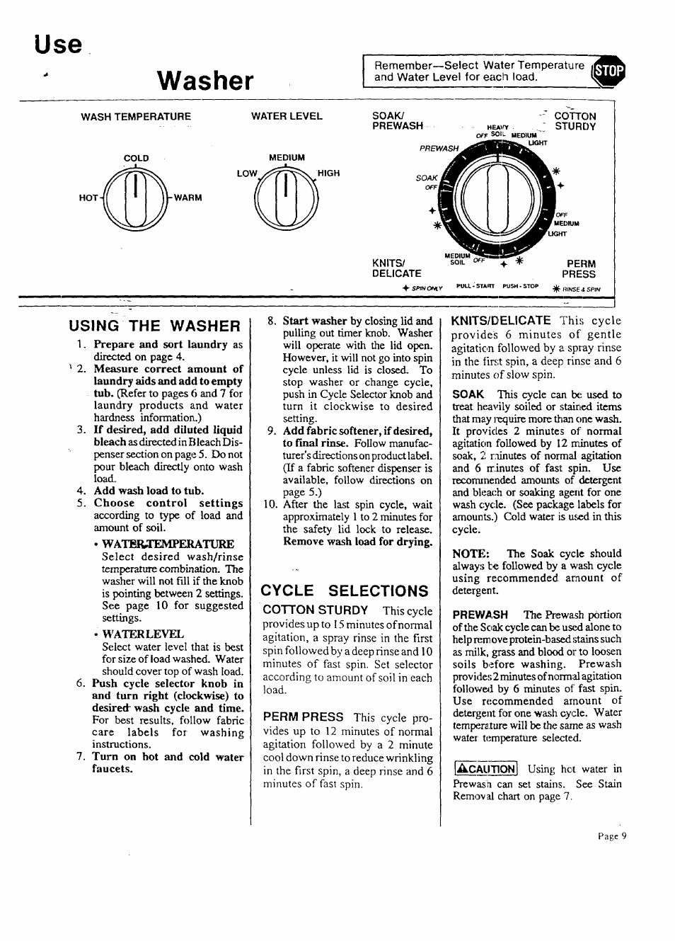 Using the washer, Cycle selections, Use washer | Sears KENMORE LAUNDRY CENTER 95701 User Manual | Page 9 / 16